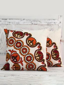Izaafa - Bohemian Suzani Corner Motif Throw Decorative Cushion Covers (18x18 Inches) (Pack of 2)