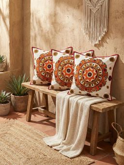 Izaafa - Vibrant Embroidered Mandala Throw Decorative Cushion Covers (18x18 Inches) (Pack of 3)