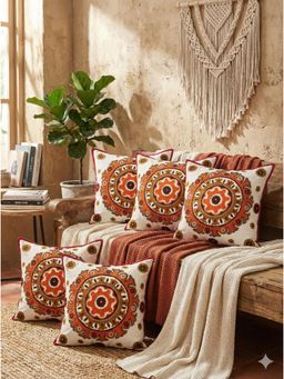 Izaafa - Vibrant Embroidered Mandala Throw Decorative Cushion Covers (18x18 Inches) (Pack of 5)