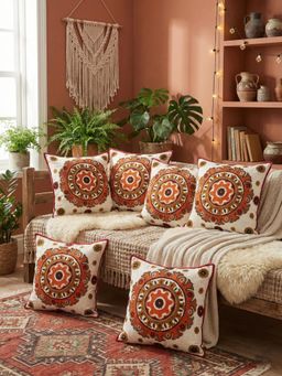 Izaafa - Vibrant Embroidered Mandala Throw Decorative Cushion Covers (18x18 Inches) (Pack of 6)