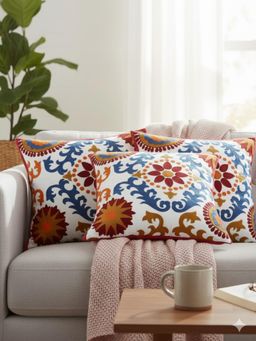 Izaafa - Vibrant Suzani Embroidered Throw Decorative Cushion Covers (18x18 Inches) (Pack of 3)