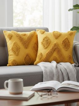 Izaafa - Sunny Yellow Tufted Throw Decorative Cushion Covers (18x18 Inches) (Pack of 2)