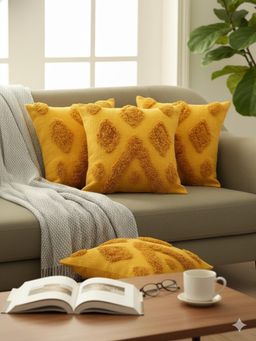 Izaafa - Sunny Yellow Tufted Throw Decorative Cushion Covers (18x18 Inches) (Pack of 4)