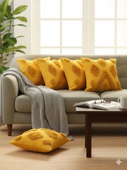 Izaafa - Sunny Yellow Tufted Throw Decorative Cushion Covers (18x18 Inches) (Pack of 5)