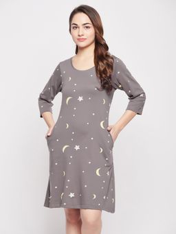 Clovia - Pretty Printed Short Night Dress - 100 Percent Cotton -Grey