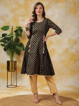 Rangita - Black Rayon Ethnic Printed Calf Length A-Line Kurta