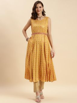 Rangita - Mustard Rayon Printed Calf Length Flared Kurta