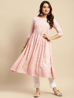 Rangita - Rayon Peach Printed Calf Length Kurta Gathered At Waist