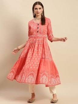 Rangita - 100% Cotton Coral Yoke Embroidered Self Textured Calf Length Anarkali