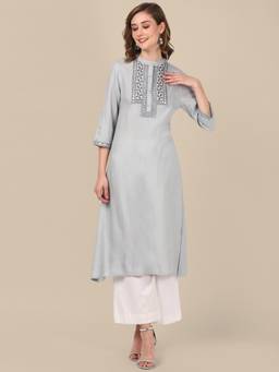 Rangita - Rayon Light Grey Yoke Embroidered Calf Length A-line Kurta