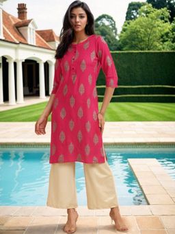 Rangita - Pink Rayon Ethnic Printed Knee Length Straight Kurta