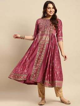 Rangita - Burgundy Sequin Yoke Embroidered Foil Printed Calf Length Anarkali Kurta