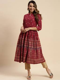 Rangita - Rayon Maroon Gold Printed Calf Length Kurta Gathered At Waist