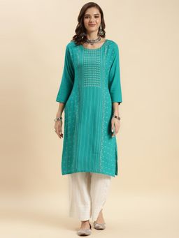 Rangita - Sea Green Rayon Embroidered Calf Length Straight Kurta