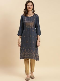 Rangita - Grey Rayon Embroidered Calf Length Straight Kurta