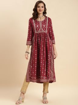 Rangita - Rayon Maroon Yoke Embroidered Calf Length Nayra Style Kurta