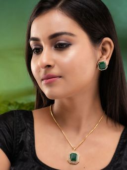 Saraf RS Jewellery - Gold Toned Emerald Green Ad Studded Locket Jewellery (Set Of 3)