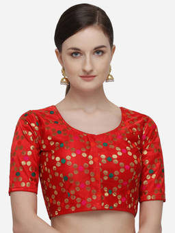 Amrutam Fab - Womens Printed Red Jacquard Stiched Blouse With Round Neck