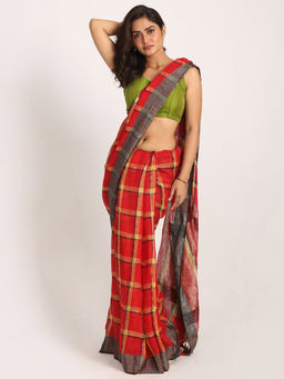 Angoshobha - Red Handloom Check Linen Saree with Unstitched Blouse