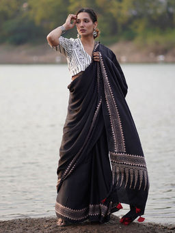 Chidiyaa - Black Jaiswal Mansi Block Printed Modal Silk Saree without Blouse