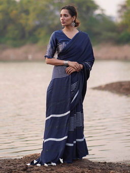 Chidiyaa - Blue Jaiswal Bhoomi Block Printed Modal Silk Saree without Blouse