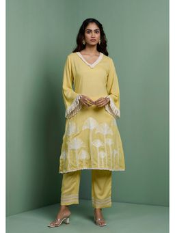 Ishnya - Zaha-Pastel Yellow Embroidered Kurta With Pant