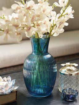 Pure Home + Living - Blue Ribbed Glass Vase