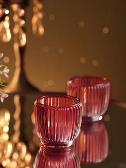 Pure Home + Living - Maroon Glass Ribbed Tealight Holders (Pack of 4) (S)