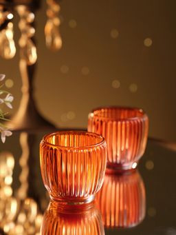 Pure Home + Living - Orange Glass Ribbed Tealight Holders (Pack of 4) (S)