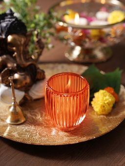 Pure Home + Living - Orange Glass Ribbed Tealight Holders (Pack of 2) (L)
