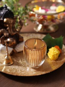 Pure Home + Living - Light Amber Glass Ribbed Tealight Holders (Pack of 2) (L)