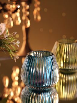 Pure Home + Living - Teal Glass Ribbed Tealight Holder