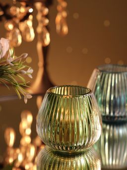 Pure Home + Living - Dark Green Glass Ribbed Tealight Holder