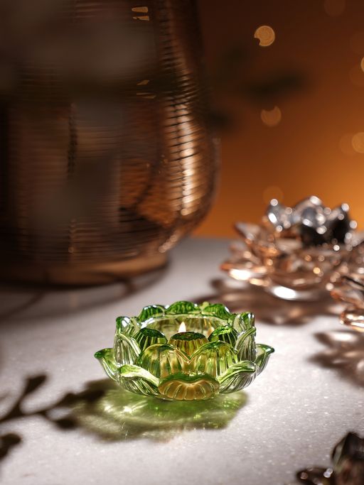 Pure Home + Living Green Glass Floral Shaped Tealight Holders (Pack of 2)