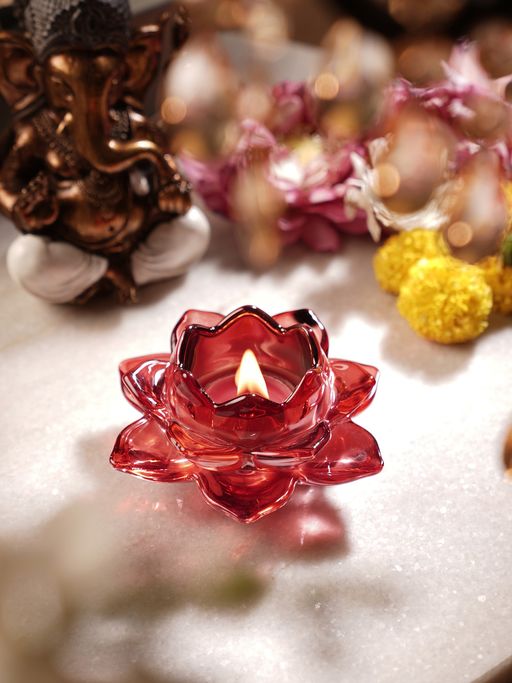 Pure Home + Living Red Glass Lotus Shaped Tealight Holders (Pack of 2)