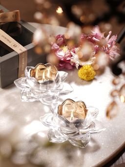 Pure Home + Living - Clear Glass Lotus Shaped Tealight Holders (Pack of 2)