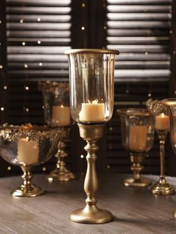 Pure Home + Living - Amber & Gold Tall Hammered Glass Hurricane Candle Holder