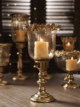 Pure Home + Living - Amber & Gold Glass Hammered Hurricane Candle Holder