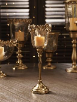 Pure Home + Living - Amber & Gold Glass Hammered Hurricane Candle Holder with Stand