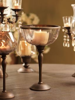 Pure Home + Living - Brown Antique Finish Decorative Glass Bowl with Hammered Metal Stand