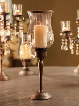 Pure Home + Living - Brown Antique Finish Glass Hurricane with Hammered Metal Stand