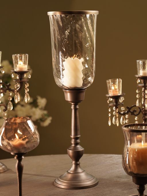 Pure Home + Living Brown Antique Finish Glass Candle Holder with Metal Base and Rim