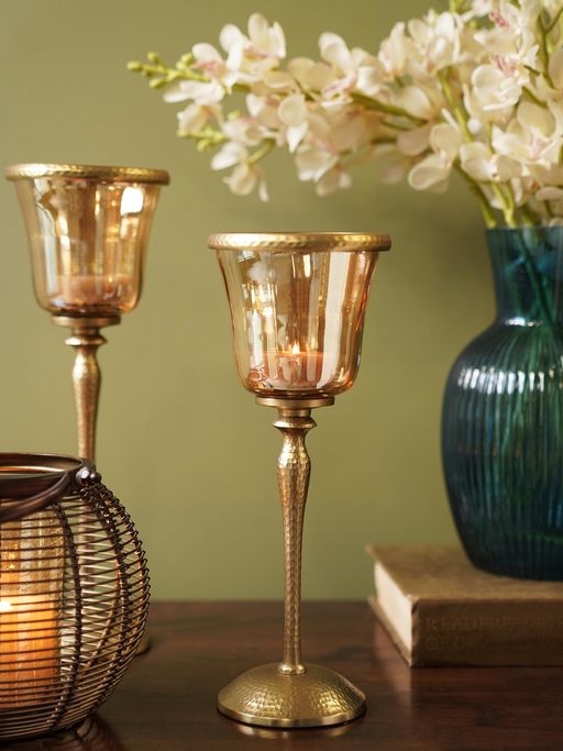 Pure Home + Living Amber & Gold Votive Candle Holder with Hammered Base