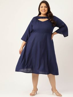 theRebelinme - Womens Navy Blue Solid Color A-line Midi Dress