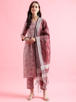 Shaily - Women Lavender Blended Fabric Floral Printed Kurta with Pant and Dupatta (Set of 3)