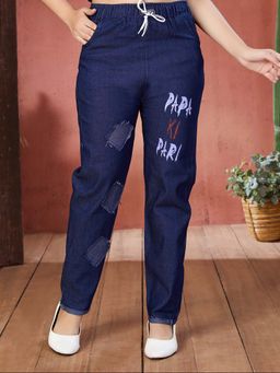 Aarika - Girls Navy Blue Typography Denim Jeans