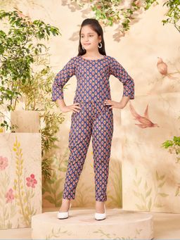 Aarika - Girls Blue Floral Print Cotton Co-Ord Set