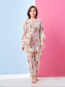 Aarika - Girls Beige Floral Print Polyester Co-Ord Set