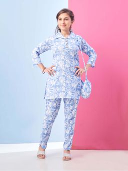Aarika - Girls Sky Blue Floral Print Polyester Co-Ord Set