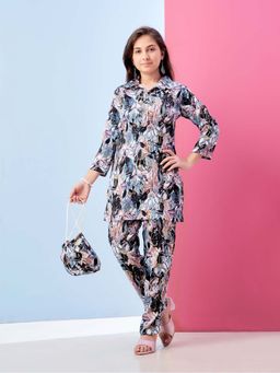 Aarika - Girls Blue Floral Print Polyester Co-Ord Set